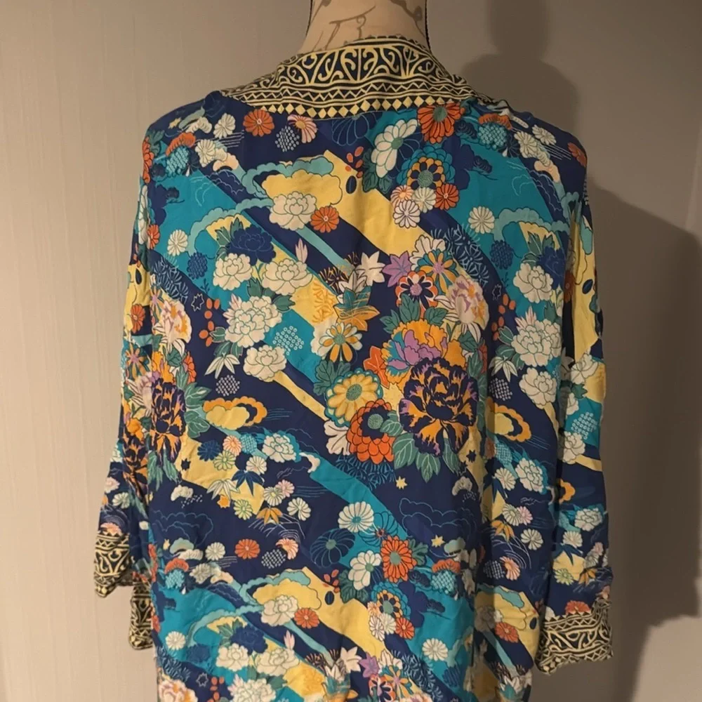 Soft Surroundings Open Front Kimono Cardigan Womens L/XL Blue Floral Artsy Boho - Picture 5 of 6